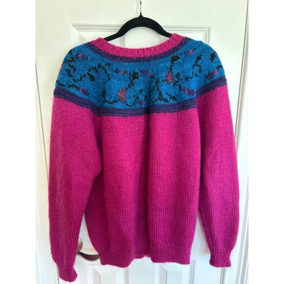 Vtg Manos Del Uruguay Handknit Wool Cardigan Sweater Fuchsia Blue L - Picture 3 of 10